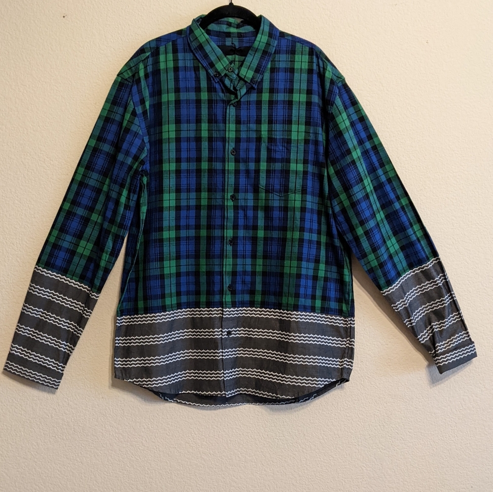 Black Scale Size Large Green-Blue Plaid Long Sleeve Button Down Shirt. NWT